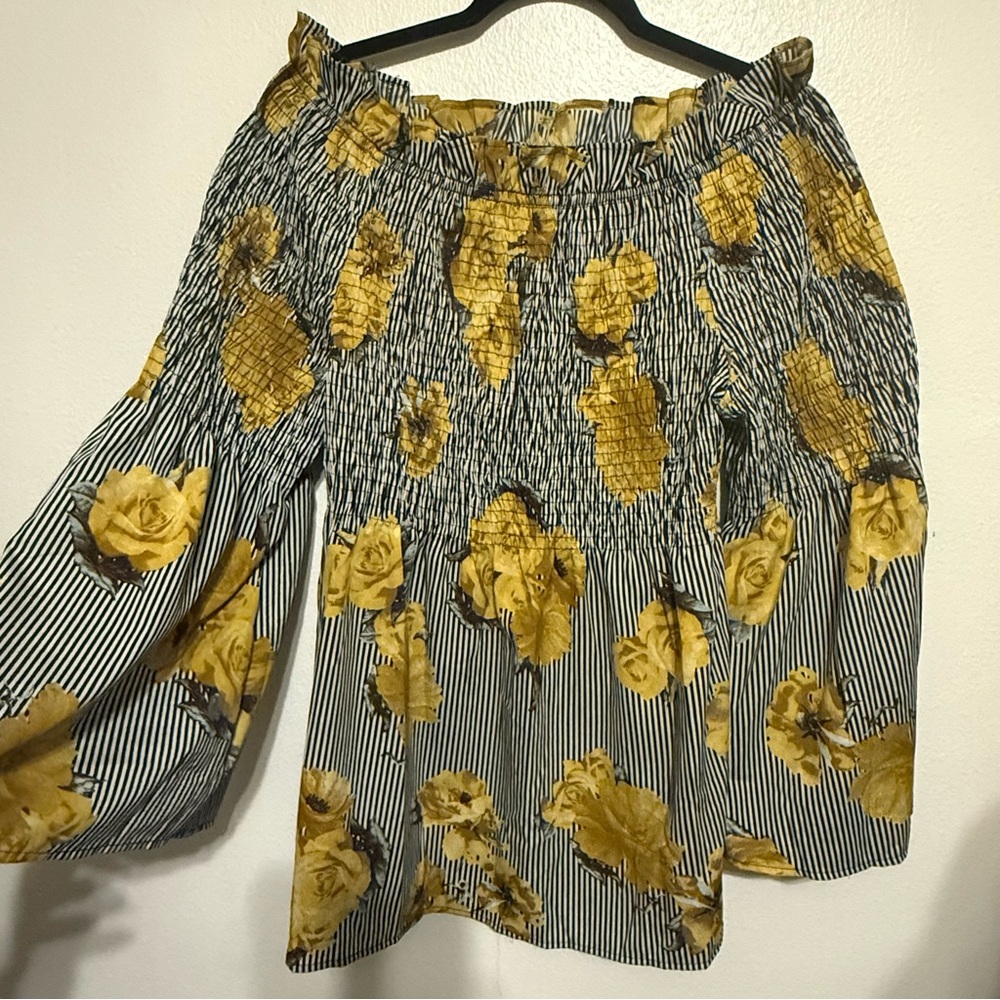 Mileage Yellow Floral with Black Striped Blouse 2X - Picture 5 of 7